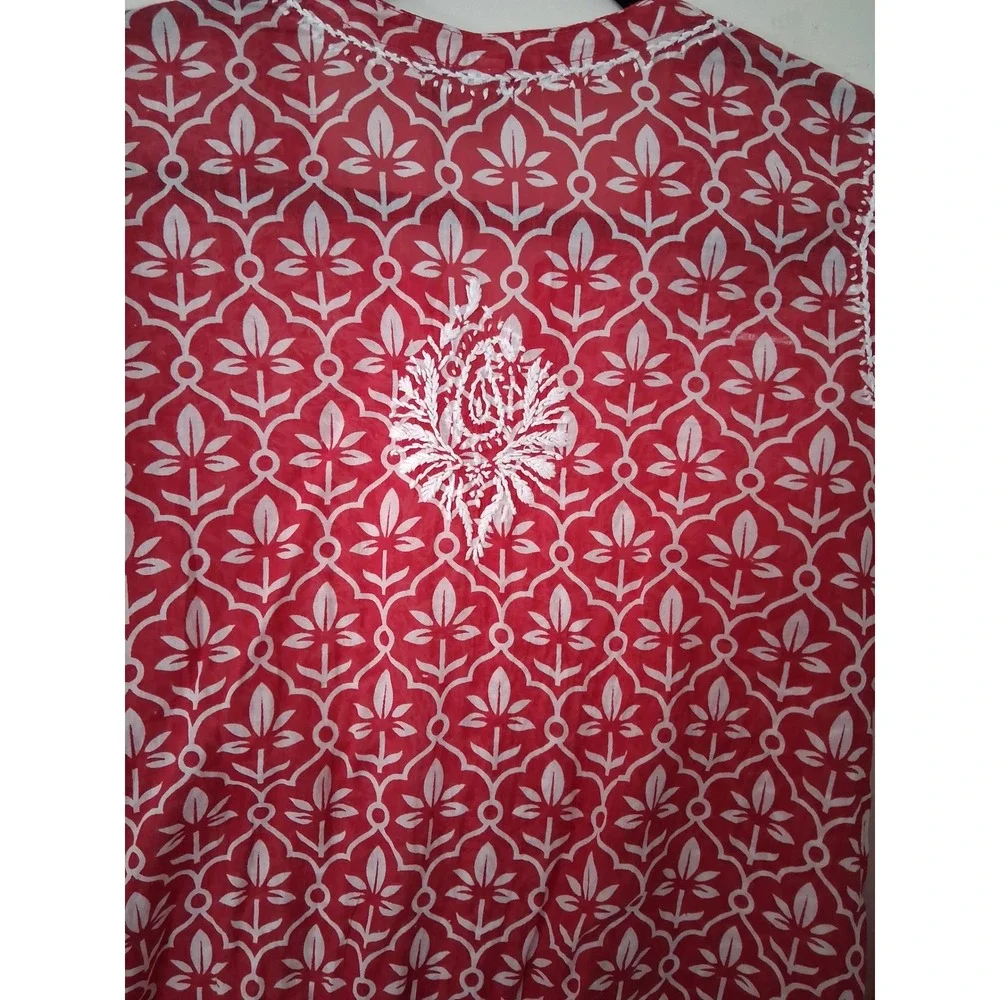 Dolma Womens Red White Block Print Embroidered Cotton Tunic Top Size S Boho - Picture 6 of 6
